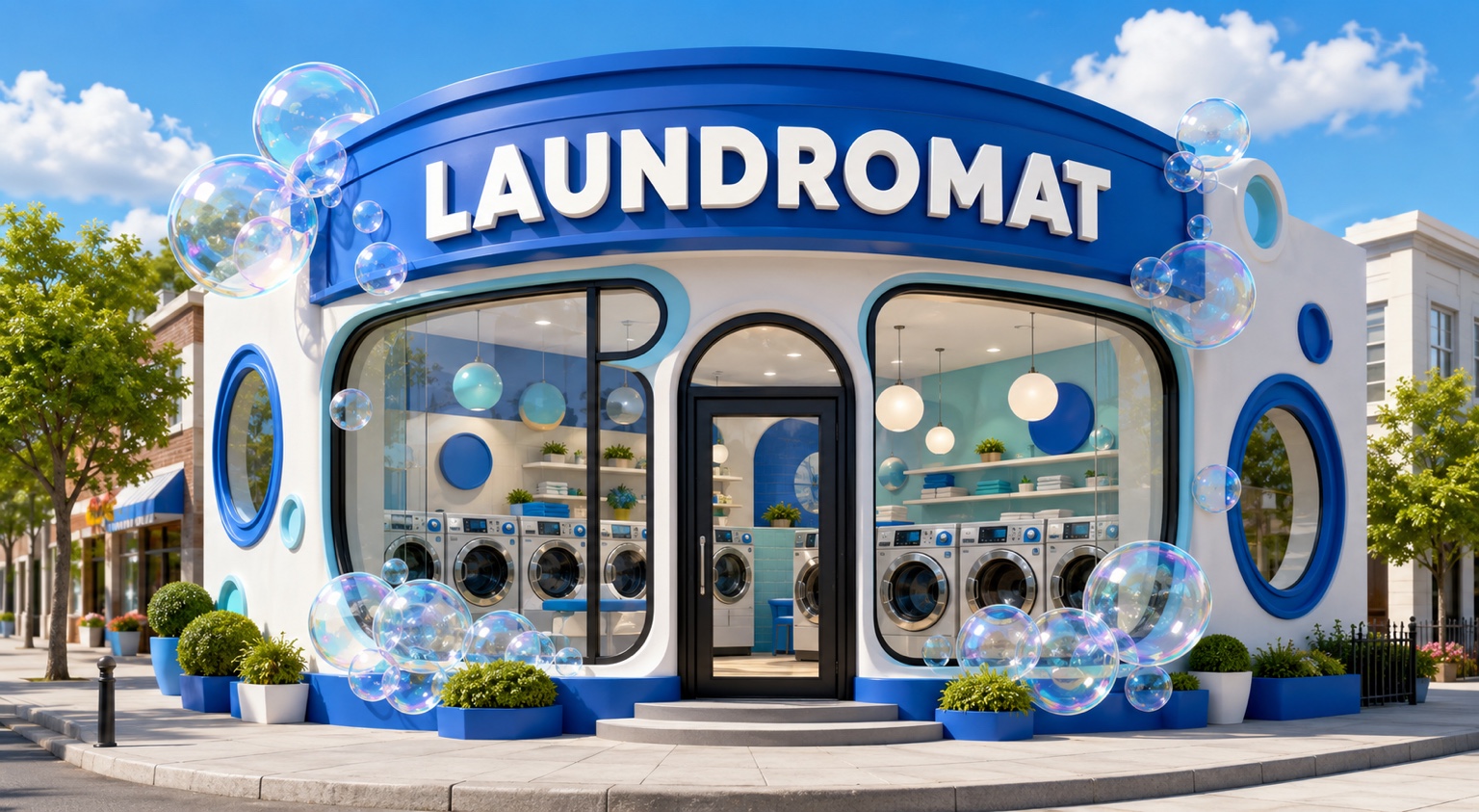 Modern blue laundromat storefront