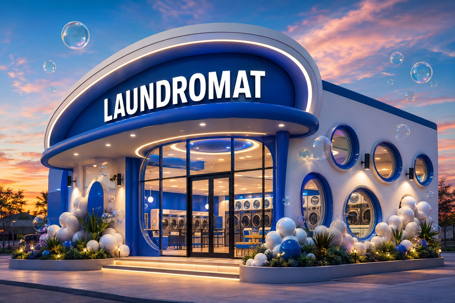 Bright modern laundromat exterior with bubbles