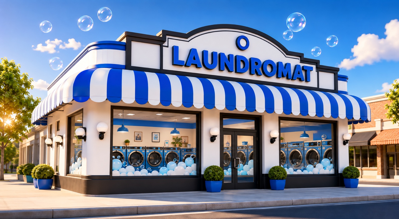 Blue and white neighborhood laundromat